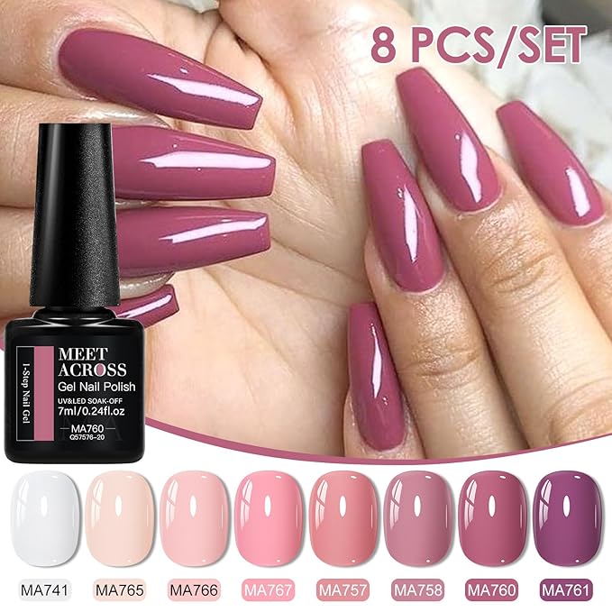 MEET ACROSS 1 Step Gel Polish Set Nail Art Manicure 3 in 1 Gel Kit Soak Off LED Gel Nail Varnishes No Need base gel top coat (Set-1, 8PCS)