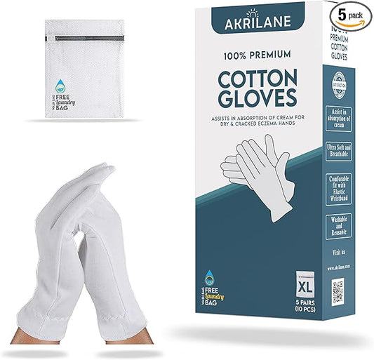 AKRILANE Extra Large 5 Pairs Cotton Moisturizing Gloves for Dry Hands | Eczema, Psoriasis & Skin Spa Treatment for Women & Men | Washable & Reusable with Free Laundry Bag