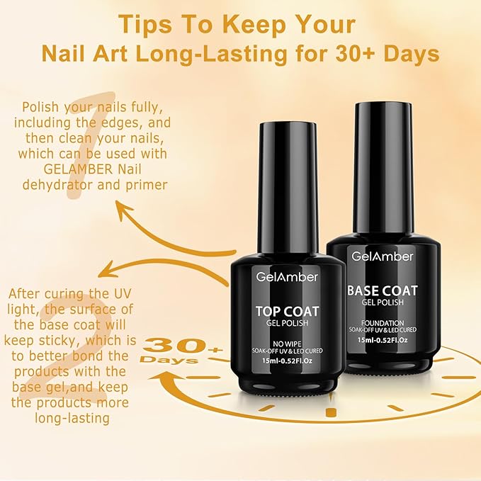 2Pcs 15ml No Wipe Gel Top Coat and Base Coat, Base and Top Coat Gel Nail Polish Set, Essentials for Super Shiny and Long-Lasting Foundation Finish Nail Art Design Gift