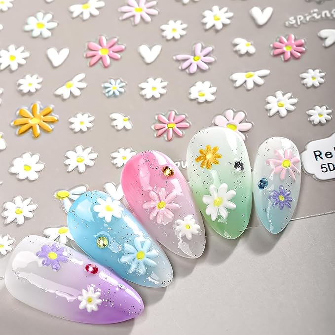 Nail Art Stickers Decals 5D Embossed Flower,Nail Decals Spring Summer Daisy Nail Art Design Self-Adhesive,Nail Accessories for Women Nail DIY Decoration