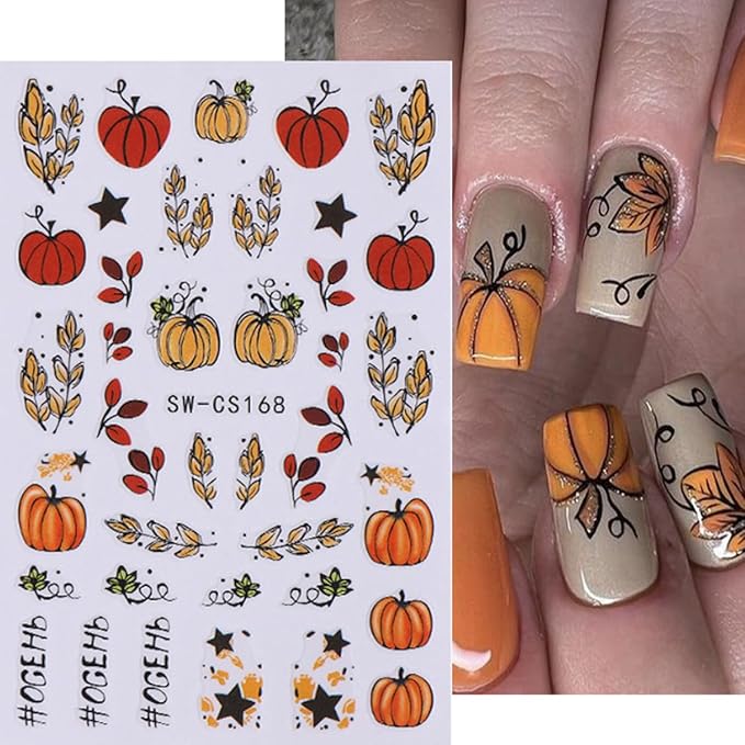 6 Sheets Cute Pumpkin 3D Self-Adhesive Nail Art Stickers with Pumpkin Seeds Designs, Flower Star Letter Nail Decals for Women Salon