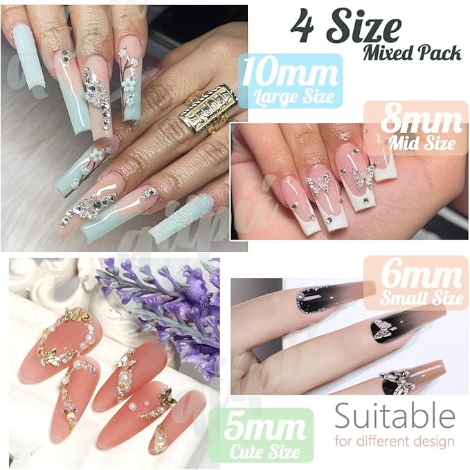 130pcs Silver 3D Butterfly Nail Charms, 10pcs Rhinestones, 120pcs Alloy Studs, Nail Art Jewels, DIY Crafts