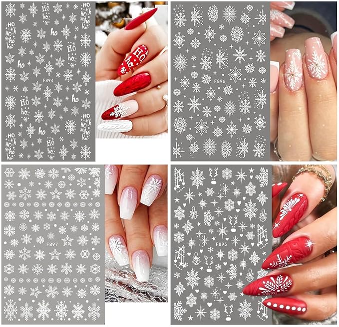 8 Sheets 3D Snowflake Nail Art Stickers Christmas Nail Decals Self-Adhesive White Glitter Snowflake Nail Stickers Reindeer Snowflakes Nail Design Winter Xmas Nail Decoration for Women Girls