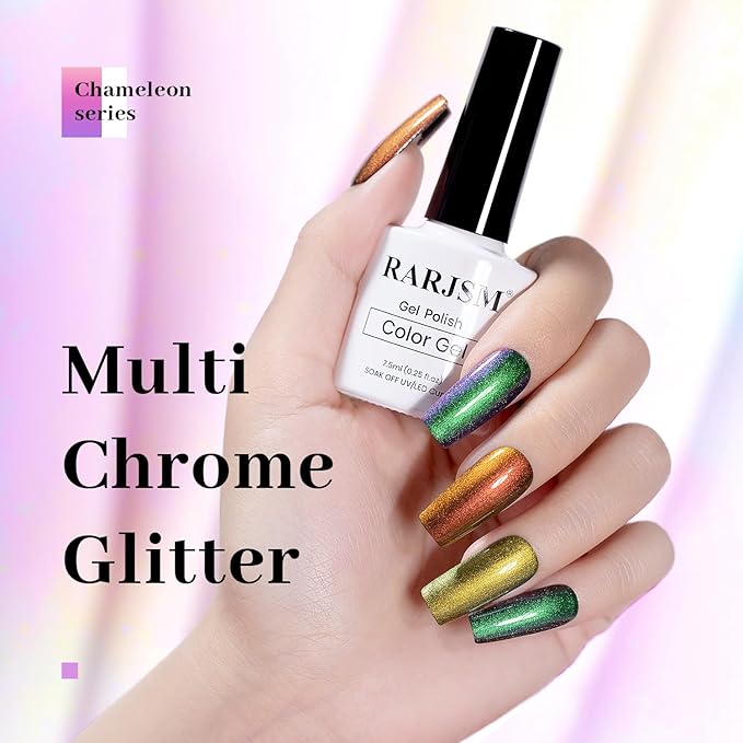 RARJSM Chameleon Gel Nail Polish Set 6pcs Multichrome Gradient Color Changing Orange Blue Purple Red Green Shimmer Glitter GelPolish Curing Requires Soak Off Sparkle Chrome Nail Gel Varnish 7.5ml