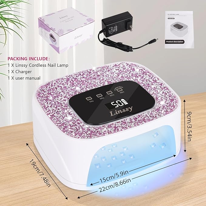 Rechargeable UV/LED Nail Lamp with Auto Sensor, Portable Cordless Gel Nail Dryer Light 4 Timings & Diamond LCD Screen, UV Light for Gel Nails at Home Salon