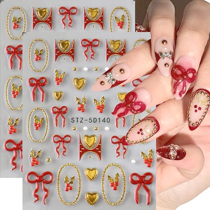 2Sheets Christmas Nail Art Stickers 5D Embossed Holly Nail Decals with Gold Beads Frame Designs Nail Stickers Self-Adhesive Red Bow Nail Decal Gold Heart Nail Sticker for Women Nails Decor Supplies