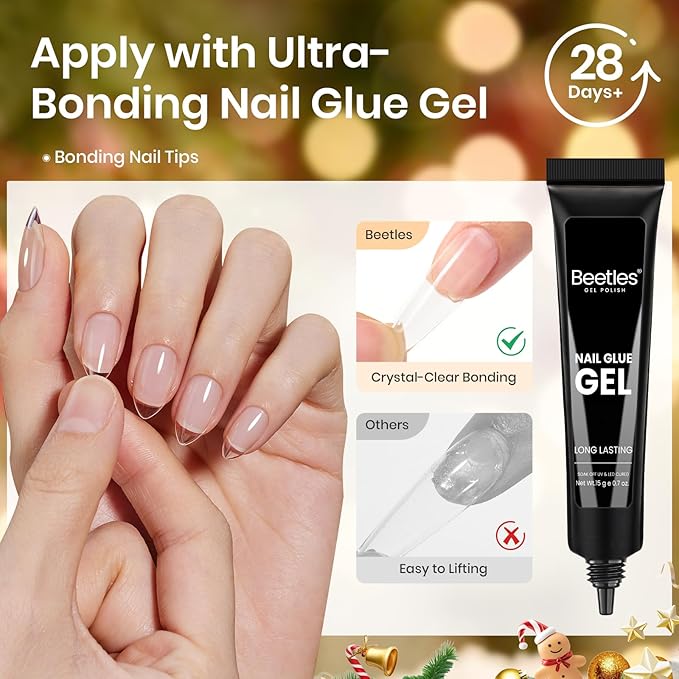 Beetles Gel Nail Kit Flat-X Christmas Limited Set, Almond Short , 320pcs 16 Sizes, with 15g Hands-free Solid Nail Glue Gel, Mini Lamp, Pre-Etched Half Matte Nail Extension Set for Home DIY