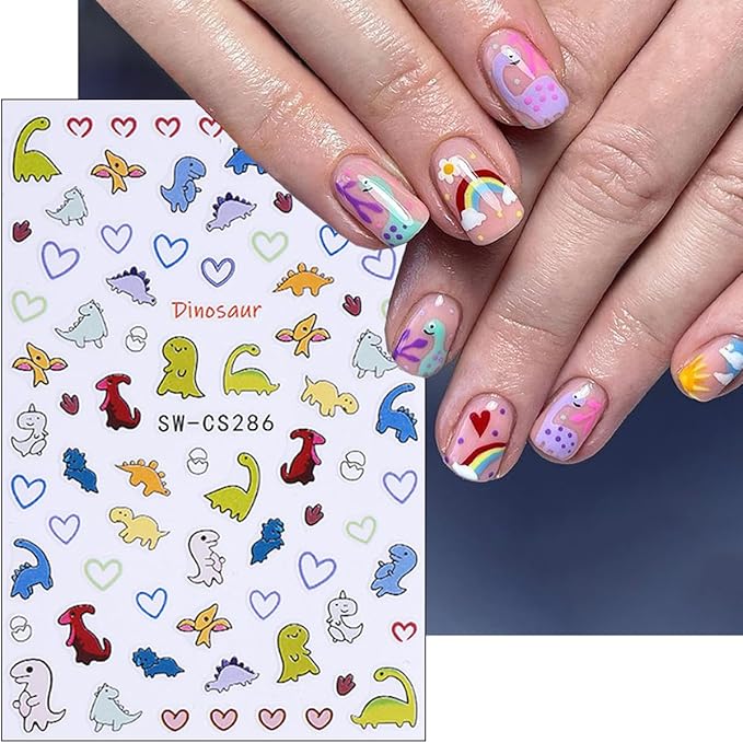 6Pcs Cute Dinosaur Nail Art Stickers 3D Self Adhesive Kawaii Nail Decals Cute Nail Stickers Colorful Animal Aircraft Summer Nail Design Sticker Heart Nail Art Supplies for Women Manicure Accessories