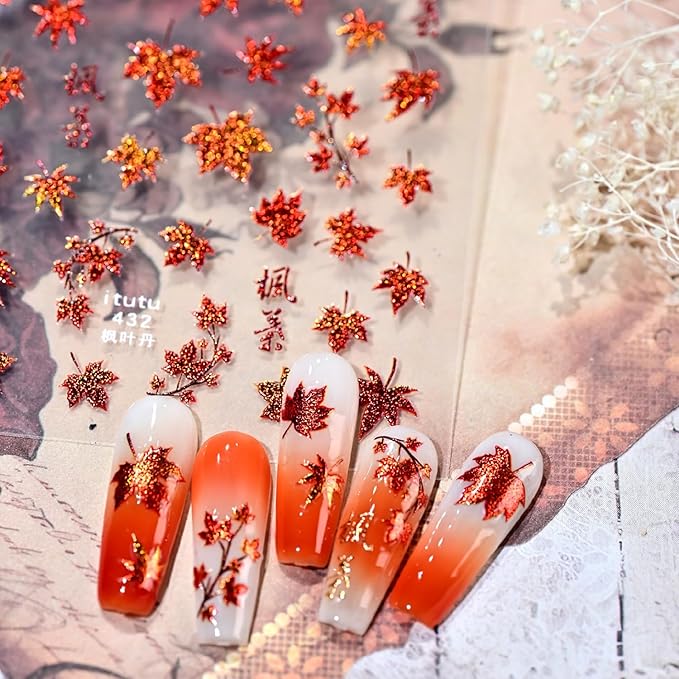 1 Sheets Fall Nail Stickers for Nail Art 5D Self-Adhesive Embossed Maple Leaf Nail Art Stickers Red Autumn Maple Leaves Nail Decals Thanksgiving Nail Design Sticker for Women DIY Manicure