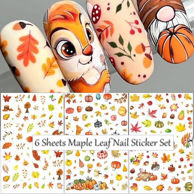 6Pcs Fall Nail Stickers for Nails Art - Cute Pumpkin Nail Decals Yellow Fallen Leaves for Nails Autumn Maple Leaf Theme Thanksgiving Nail Design Adhesive Sticker Sliders for Women Nail Art Decorations