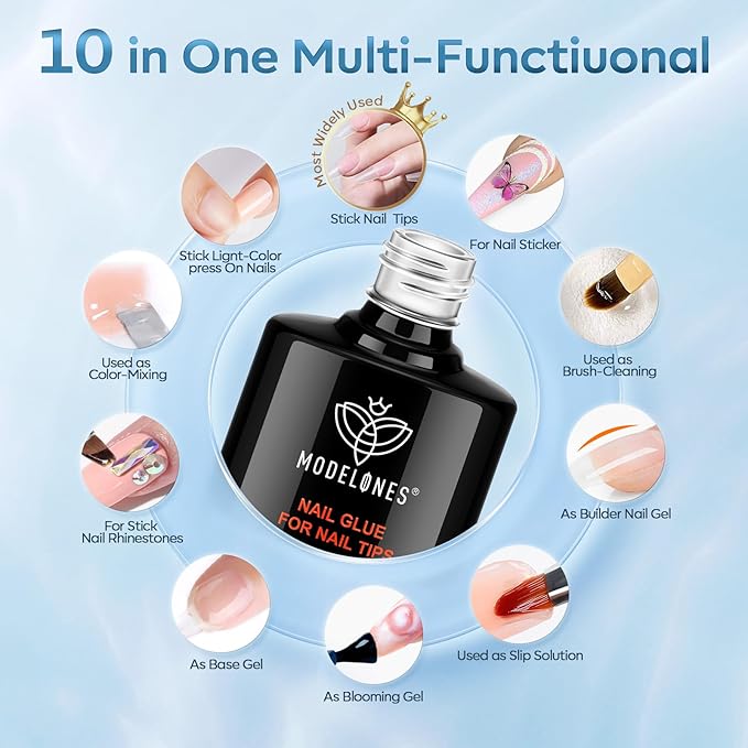 Modelones 10 in One Nail Glue Gel Base Coat Brush On Nail Polish Glue 15ml for Tips, Rhinestones, Blooming Art Gel Kit for Acrylic Tips U V Lamp Needed