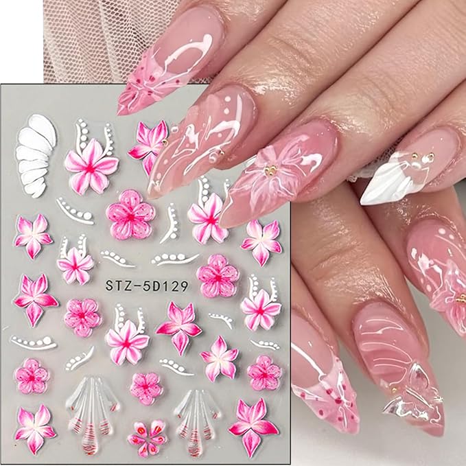 3Pcs Summer Flower Nail Art Stickers Decals 5D French Tip Nail Stickers Floral Nail Decals Colorful Flowers Nail Design Stickers Spring Cherry Blossom Nails Supplies for Women DIY Manicure Decor