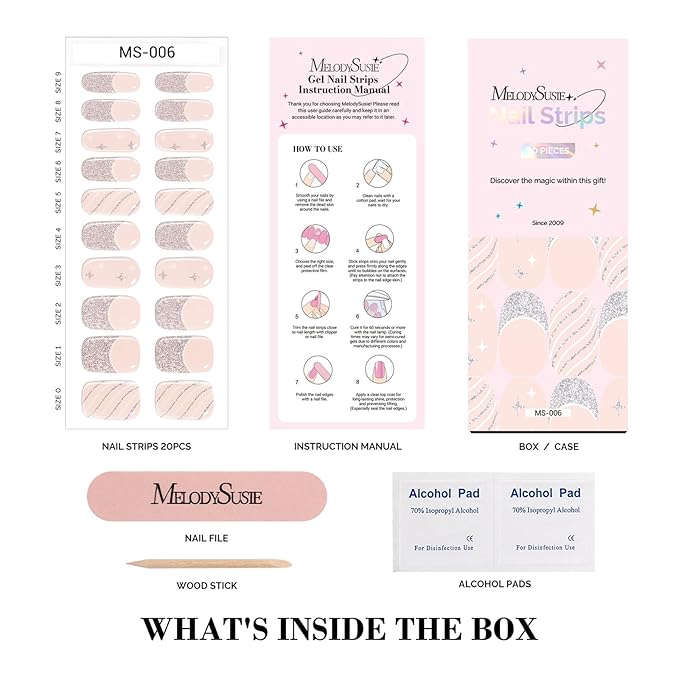 MelodySusie Semi Cured Gel Nail Strips (Glitter French Tips), Works with Nail Lamp, Salon Quality, Long Lasting, Easy to Apply and Remove, Includes 20Pcs, 2 Prep Pads, Nail File and Wooden Stick