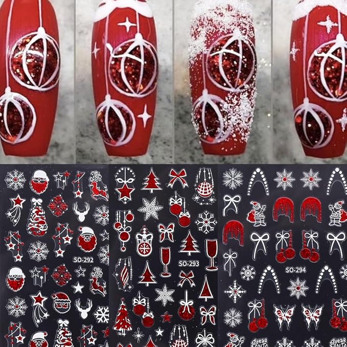 Christmas Nail Art Stickers 3D Self-Adhesive Xmas Nail Decals Snowflake Santa Claus Nail Art Design Supplies 6PCS Red Xmas Trees Lamp Balls Star Bow Holiday Nail Stickers for Nail Decorations