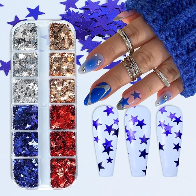 12 Grids Stars Nail Art Glitter Sequins 3D Holographic Nail Glitter Flakes Design Independence Day Acrylic Nail Sequins America 4th of July Star Nail Sequins for Women Girls Decorations