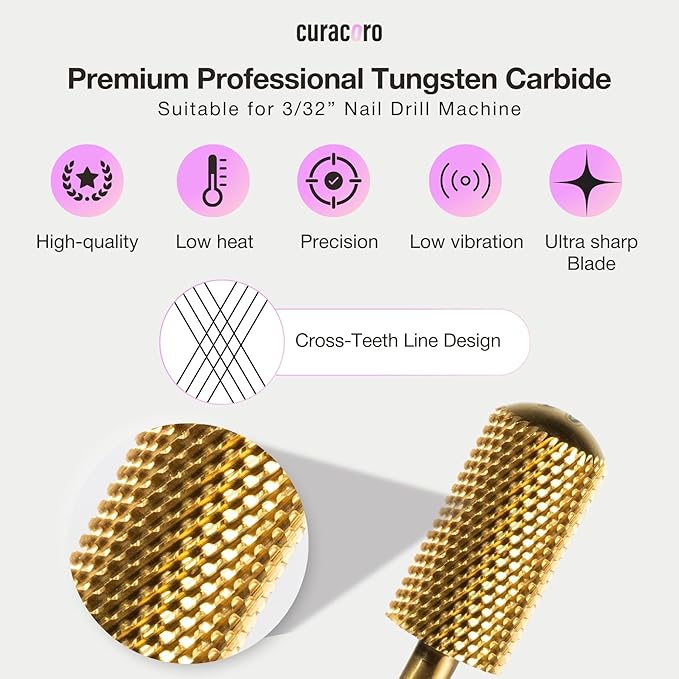 Curacoro Nail Drill Bits 3/32'' - L-Shaped Smooth Stop Barrel Carbide Bit (Medium) for Professional Finish, Refine & Smooth Acrylic or Gel Nails, Nail Art Pedicure Manicure Salon & Home