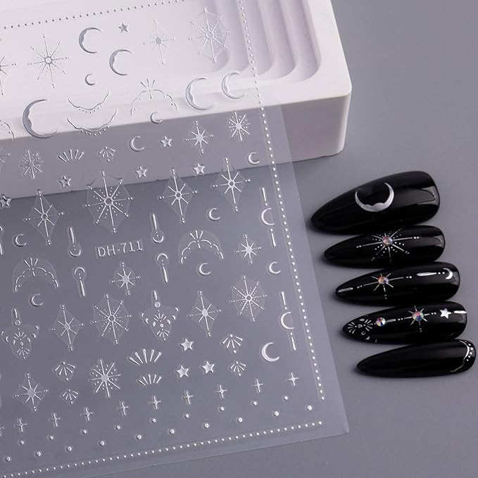 2 Sheets 3D Nail Stickers Star Moon Nail Art Decals Gold Silvery Nails Supplies Self-Adhesive Manicure Supplies for Women