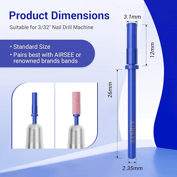 AIRSEE 3.1mm Small Nail Drill Mandrel Bits for Mini Efile Sanding Bands, Stainless Steel Professional Electric Head Clean Remove Cuticle Removing, Acrylic Manicure Sander Safety (Klein Blue)