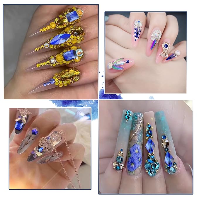 3100Pcs Flat Back Rhinestones for Nails, HOINCO Blue Rhinestones for Nails, Mix 20 Styles Flatback Rhinestone/Gems, 600 Diamonds + 2500 Round Rhinestones Beads for Nail Crafts with Tweezers Pen