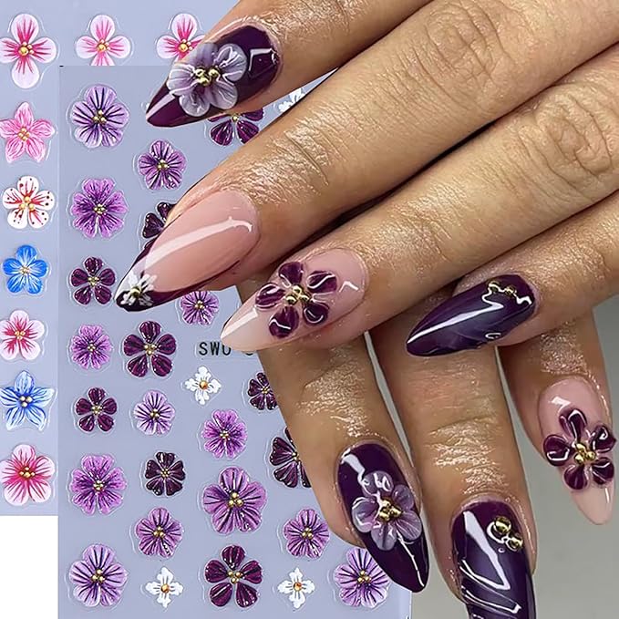 4 Sheets Flower Nail Art Stickers 3D Self-Adhesive Blossom Nails Sticker Spring Nail Art Decals Holographic Daisy Nails Decal Decoration for Women Colorful Flowers Manicure DIY Nail Supplies