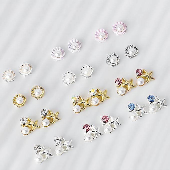24Pcs Summer Nail Charms 3D Metal Nail Art Studs Seashell Starfish Theme Ocean Nail Rhinestones Sea Shell Nail Gems Pearl Colorful Crystal Design Nails Supplies Summer Beach DIY Crafts Manicure Decor