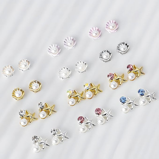 24Pcs Summer Nail Charms 3D Metal Nail Art Studs Seashell Starfish Theme Ocean Nail Rhinestones Sea Shell Nail Gems Pearl Colorful Crystal Design Nails Supplies Summer Beach DIY Crafts Manicure Decor