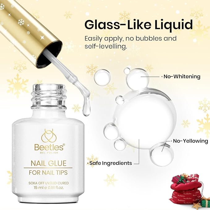 Beetles 9 In 1 Gel Nail Glue Kit, 2Pcs 15ml Christmas UV Nail Glue for Acrylic Nail Tips, Super Strong Brush for Base Coat, Christmas Gift for Women, UV LED Light Required