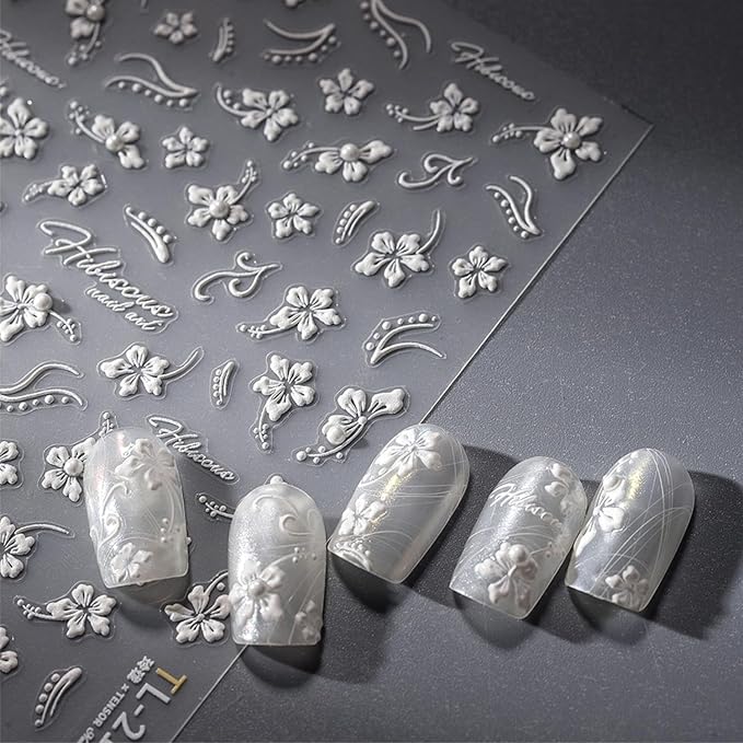 2 Sheets 5D Embossed Flower Nail Art Stickers Summer Spring Nail Stickers for Nail Art Aurora White Nail Decals Self Adhesive Nails Supplies for Women Girls