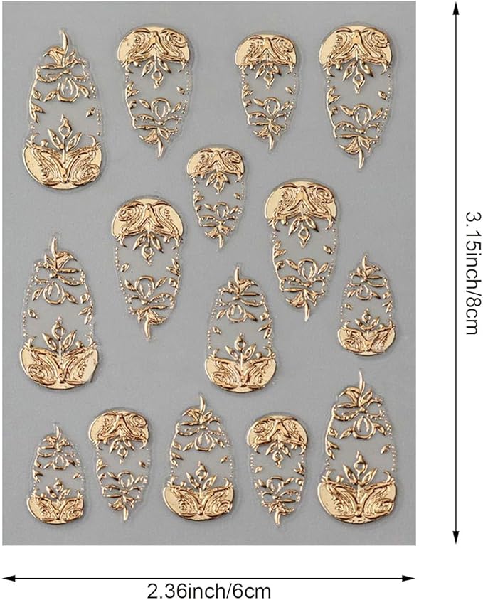 4 Sheets Gold Flower Nail Art Stickers, 5D Embossed Acrylic Decals French Carving Floral Heart Tree Self-Adhesive Nail Art Supplies for Women Girls Designs DIY Manicure Decoration