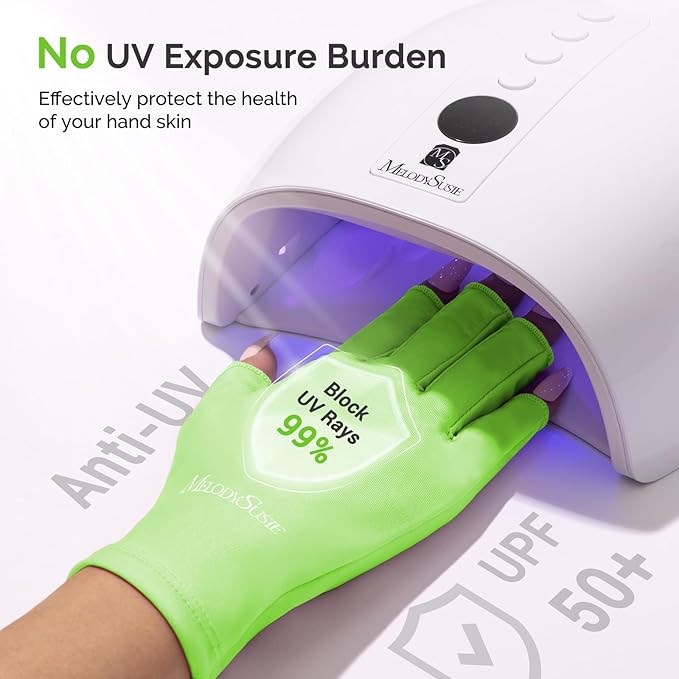 MelodySusie Premium UV Protection Gloves for Manicures, Cool Feeling Fabric,Professional UPF50+, UV Nail Gloves for Gel Nail Lamp, Anti UV Light, Skin Care Fingerless Design, Neon Green