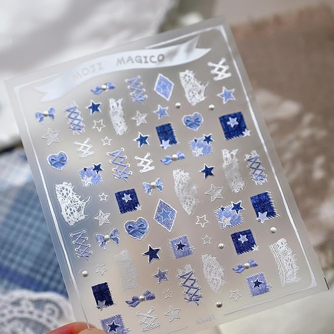 Cowboy Nail Art Stickers Decals 5D Embossed Bow Star Pearls Nail Stickers Self-Adhesive Blue Cowboy Nail Decals Supplies for Women DIY Manicure Decorations 1 Sheets