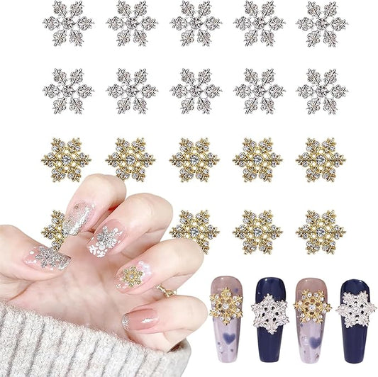 20Pcs Christmas Snowflake Nail Charms and Gems Gold Silver Alloy Snowflake Xmas Nail Art Charms Rhinestone Jewelry for Women DIY Winter Christmas Holiday Party Nail Decoration Supply