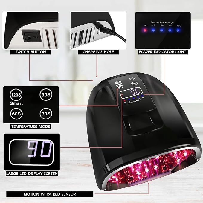 90W Professional Wireless Cordless Rechargeable UV LED Nail Lamp,Nail Lamp Gel Nail Curing Dryer Light for Nails with 45 Beads,4 Timer Setting LCD Display Nail Polish Machine (Black)