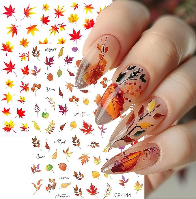 Autumn Nail Art Stickers Fall Maple Leaves Nail Stickers 3D Self-Adhesive Autumn Leaves Nail Sticker Leaf Nails Decals for Women Acrylic Nails Maple Leaf Thanksgiving Holiday Decorations