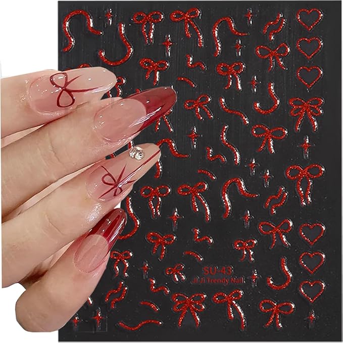 6Sheets Bow Nail Stickers for Nail Art Glitter Red Gold Bows Nail Decals Aurora Cute Nail Art Stickers 3D Self Adhesive Nails Design Charms Supplies for Women Girls Manicure Decorations