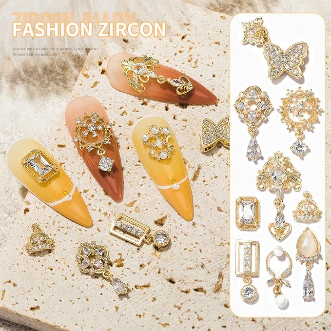 HNUIX Nail Charms and Gems - Gold Copper Zircon, Multiple Shapes, Metal Jewelry Rhinestones Charms, 24Piece