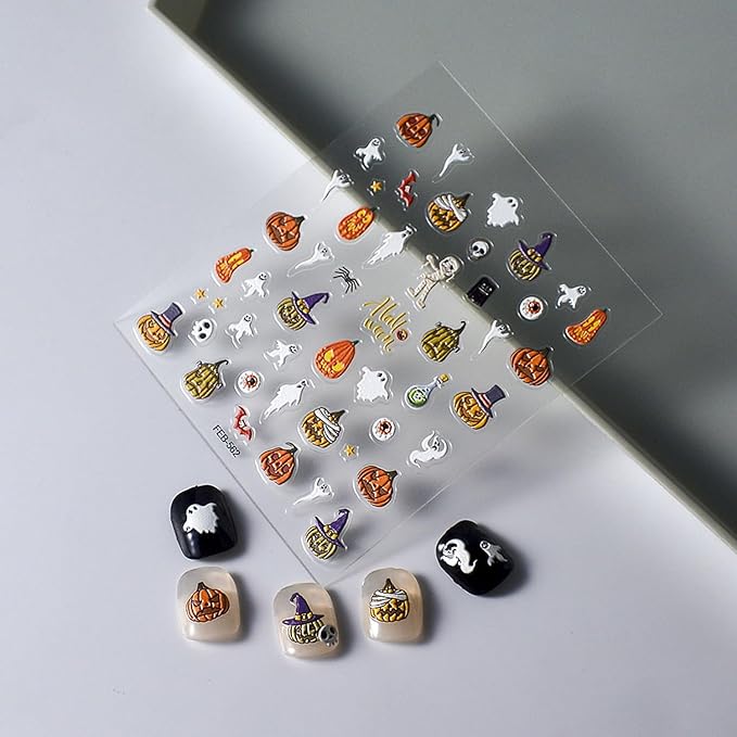 5D Embossed Halloween Nail Stickers Decals, Self-Adhesive Cute Ghost Pumpkin Nail Decals, Halloween Nail Art Stickers for Women Holiday DIY Manicure Decoration Accessories Supplies 1 Sheets