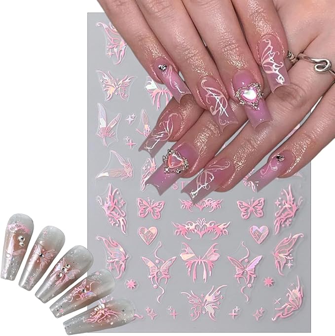 6 Sheets Glitter Black Pink Butterfly Nail Art Stickers, 3D Holographic Laser Embossed Pendant Butterfly Design Nail Decals Star Heart Shape Nail Stickers for Women DIY Nail Decoration