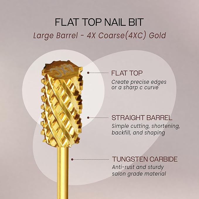 PANA Professional 3/32" Shank Size - Flat Top Large Barrel Gold Carbide Bit 4X Coarse Grit - Nail Drill Bit for Dremel Machine