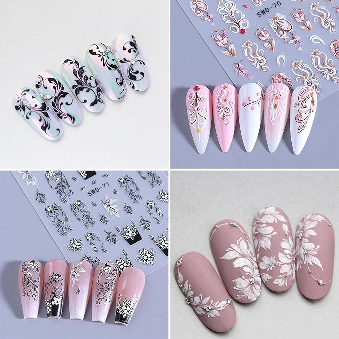 2Sheets Retro Black White Vine Flowers Nail Art Stickers 3D Embossed Pink Flower Vine Designs Nail Decals Self-Adhesive Floral Leaves French Nail Sticker Spring Nails Supplies for Women Nails Decor