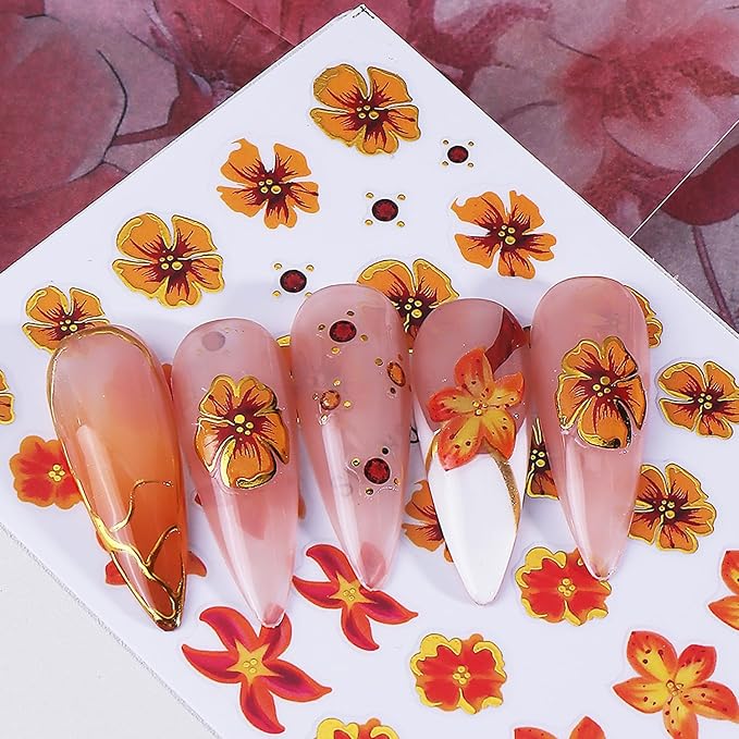 Colorful Flowers Nail Art Stickers 3D Orange Flower Nail Decals with Gold Edge Designs Nail Stickers Self-Adhesive Wildflowers Leaf Nail Decal Cute Floral Leaves Nail Sticker for Women Nails Decor