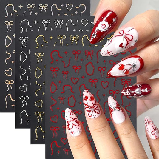 4Sheets Gold Silver Bows Nail Art Stickers 3D Cute Red Bows Heart Nail Decals for Acrylic Nails Self-Adhesive Irregular Lines Designs Nail Stickers Love Star Nail Decal for Women DIY Manicure Decor