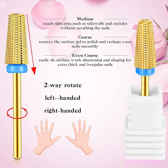 3 Pieces Nail Carbide 5 in 1 Bit, Nail Drill Bits Set-2 Way Rotate Use for both Left to Right Handed, 3/32 Inch Shank Size Drill Machine for Fast Remove Acrylic or Hard Gel (Gold)