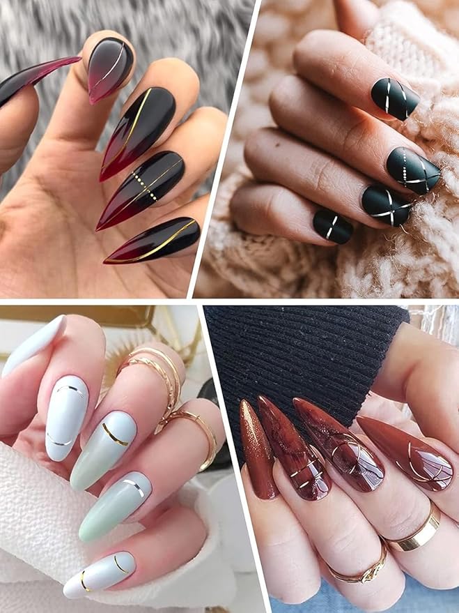EBANKU 12 Sheets Gold Silver Metal Nail Stickers, Metallic Curve Strip Line Nail Decal Self-Adhesive 3D Wave Design DIY Decoration for Women Girls
