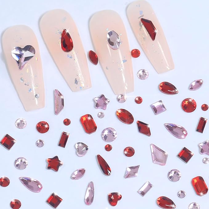 HNUIX Nail Rhinestones for Nails - 3D Multi Shapes, Flat Back, Small Nail Gems, Red & Pink Nail Stones, with Kit, for Nail Art, DIY Decor
