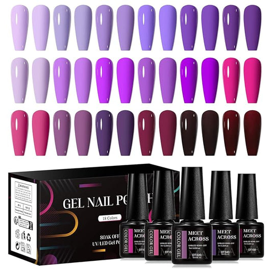 MEET ACROSS 18pcs Gel Nail Polish Set Soak Off UV LED Lamp Gel Nail Polish Kit (SET-4, 18pcs)