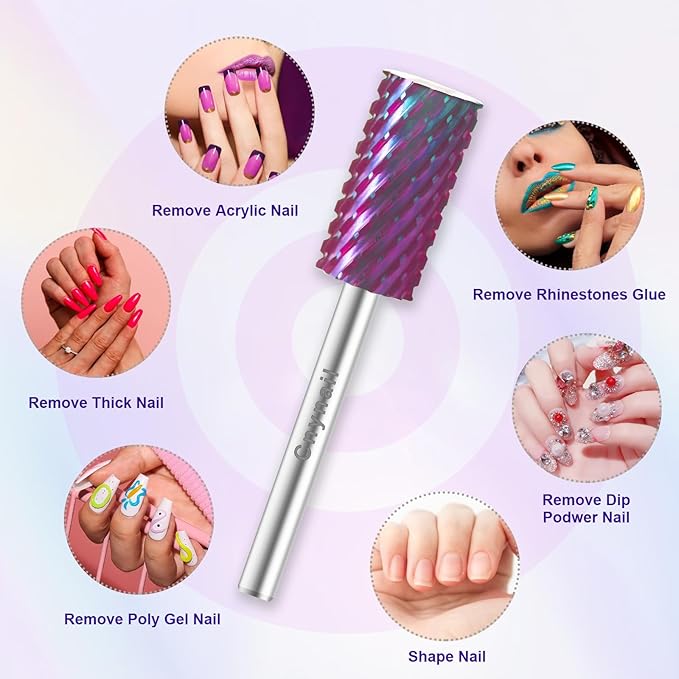 3/32" Large Barrel Bit Tungsten Carbide Nail Drill Bit Safety Bit for Gel & Acrylic Removal, 2- Way Rotating Efile Tip, Salon Electric File Accessory (XXC Girt, Purple)