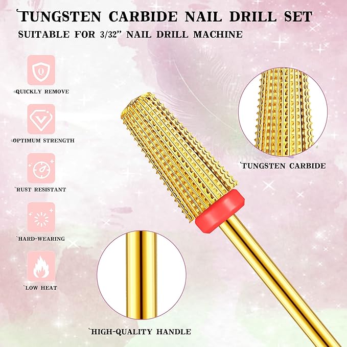 3 Pieces Nail Carbide 5 in 1 Bit, Nail Drill Bits Set-2 Way Rotate Use for both Left to Right Handed, 3/32 Inch Shank Size Drill Machine for Fast Remove Acrylic or Hard Gel (Gold)