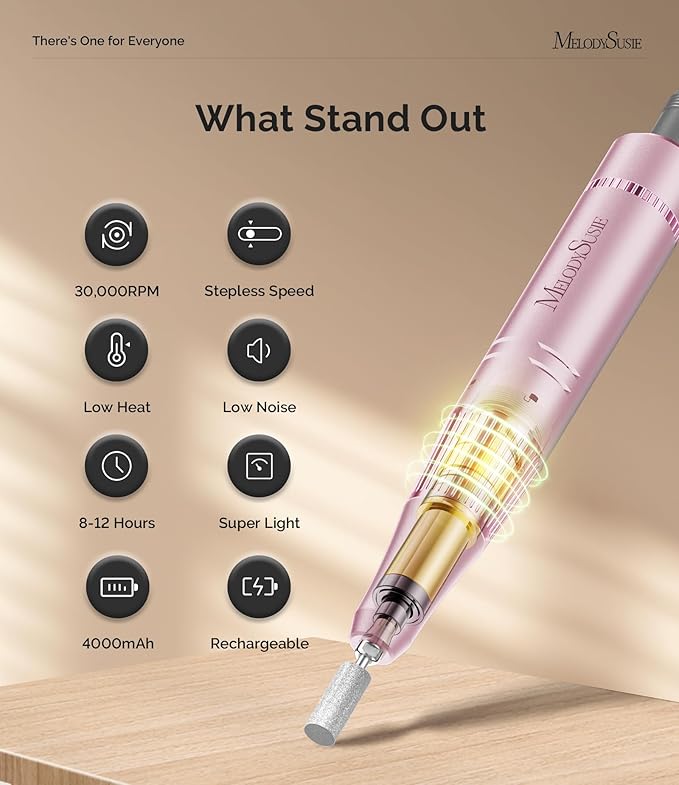 MelodySusie Professional 30000RPM Nail Drill, SC320F Cordless Clip-on Nail File with Drill Bits & Sanding Bands, Rechargeable Electric Efile for Acrylic Nails, Gel Polish Removal at Home Salon