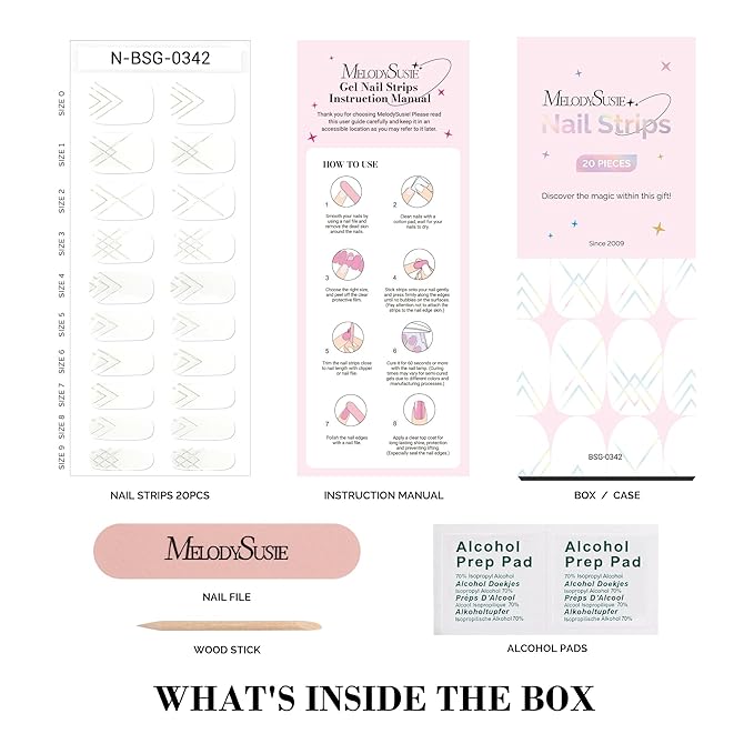 MelodySusie Semi Cured Gel Nail Strips, 20 PCS Gel Nail Stickers, Gel Nail Wraps, UV Light Required, Durable and Salon Quality (White Line)